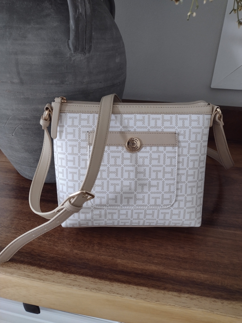Tommy Hilfiger Cream Logo-Print Crossbody Bag with Tan Trim